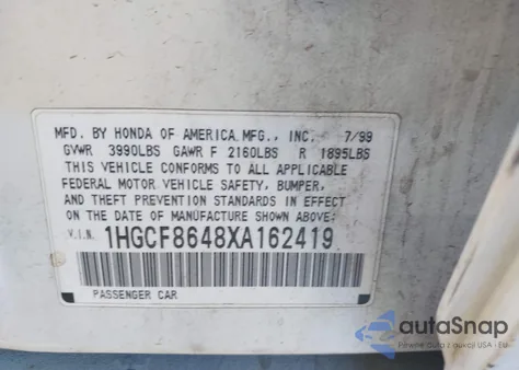 1999 Honda Accord Dx from USA, damaged, VIN 1HGCF8648XA162419